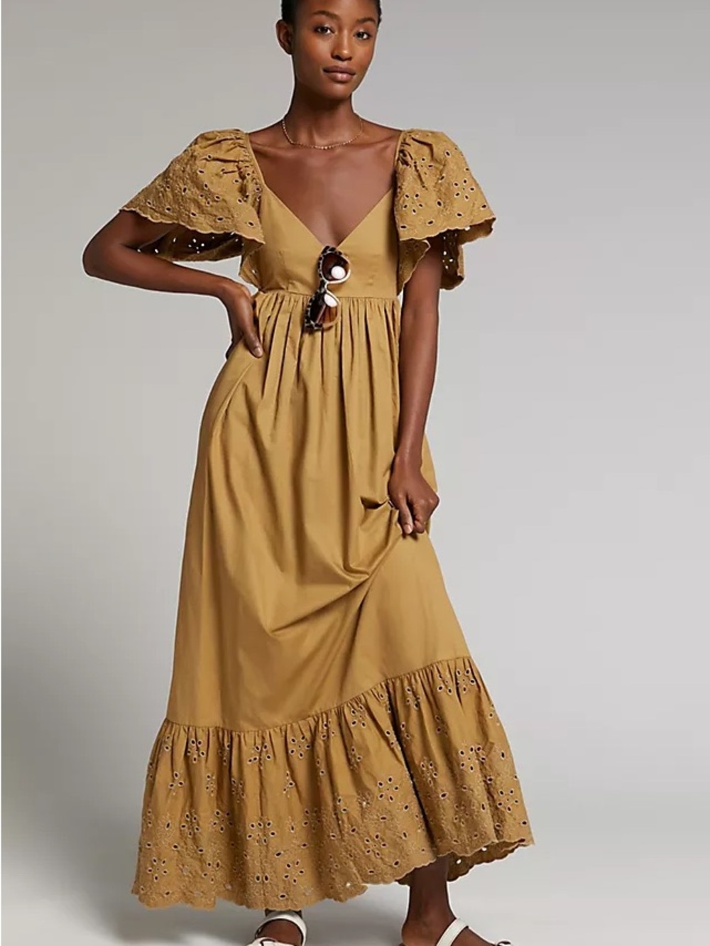 En Saison Brown Eyelet Sleeve Maxi Dress
